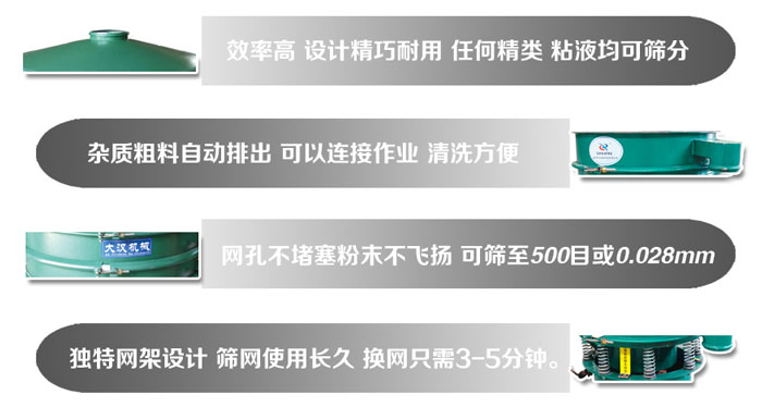 直徑1000mm振動(dòng)篩的特點(diǎn)：效率高，設(shè)計(jì)精巧耐用，任何精類，粘液均可篩分，雜質(zhì)粗料自動(dòng)排出，可以連接作業(yè)，清洗方便。網(wǎng)孔不堵塞粉末不飛揚(yáng)，可篩至500目或0。028mm篩網(wǎng)使用長久，換網(wǎng)只需3-5分鐘。