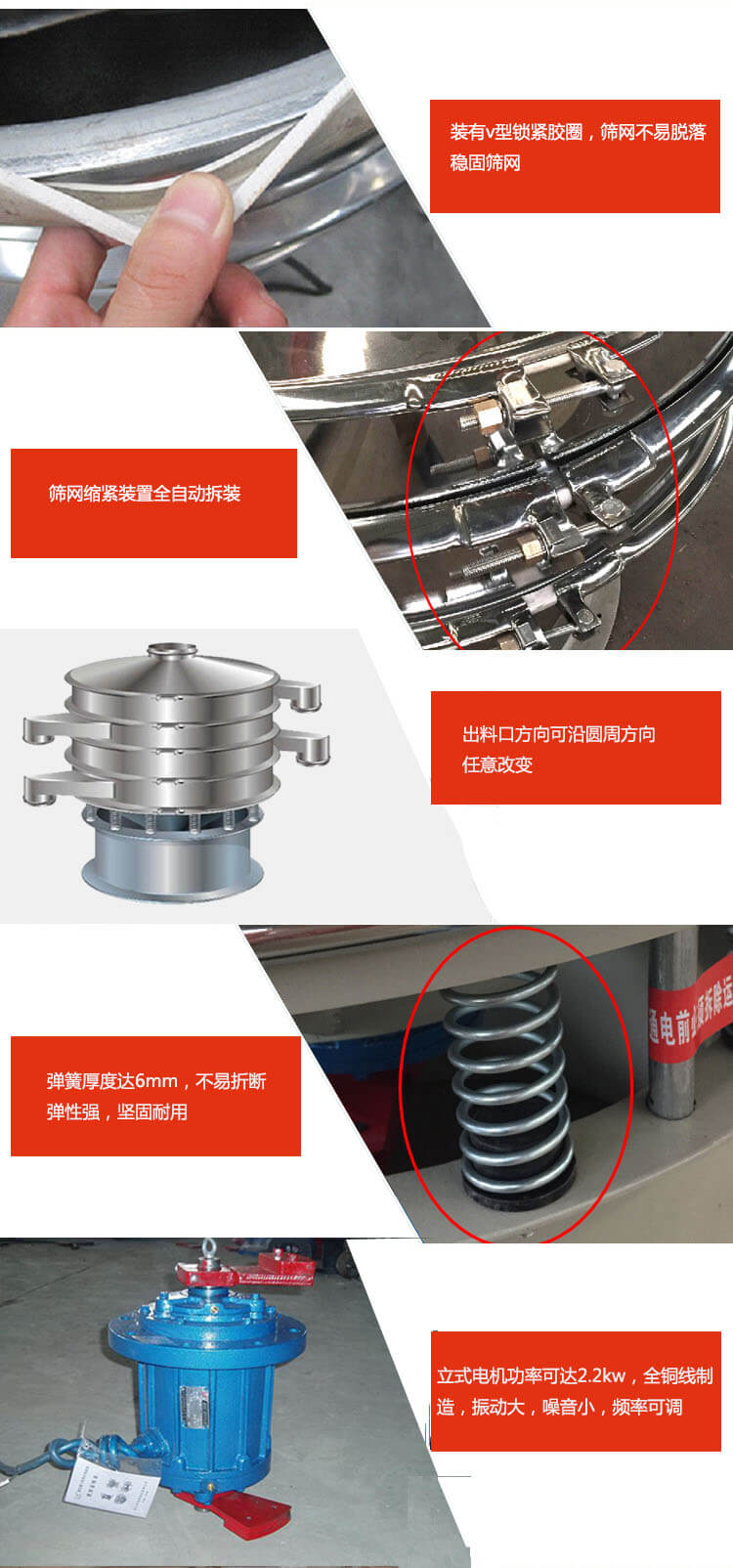 裝有V型鎖緊膠圈，使篩網(wǎng)不易脫落穩(wěn)固篩網(wǎng)，篩網(wǎng)鎖緊裝置，全自動(dòng)拆裝，出料口方向可沿圓周方向任意改變。彈簧厚度達(dá)6mm，不易折斷，彈性強(qiáng)，堅(jiān)固耐用。專業(yè)的振動(dòng)電機(jī)，全銅線制造，振動(dòng)大，機(jī)械噪音小，頻率可調(diào)。產(chǎn)品對(duì)比:材質(zhì)：大漢振動(dòng)篩廠家采用304不銹鋼材質(zhì)耐腐蝕性，耐熱性強(qiáng)。個(gè)別廠家采用其它金屬材質(zhì)，耐腐蝕性，耐熱性差蒸發(fā)緩慢，烘干效率較低。大漢振動(dòng)篩廠家采用金屬編織網(wǎng)，篩分精度高，效率高，篩網(wǎng)利用率高。