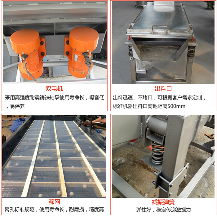 線振動(dòng)篩配件優(yōu)勢：雙電機(jī)采用高強(qiáng)度耐震鑄鐵軸承使用壽命長，噪音低，易保養(yǎng)，出料口：出料迅速，不堵口，可根據(jù)客戶需求定制標(biāo)準(zhǔn)機(jī)器出料口離地距離500mm。篩網(wǎng)：網(wǎng)孔標(biāo)準(zhǔn)規(guī)范，使用壽命長，耐磨損，精度高。減震彈簧彈性好，穩(wěn)定傳遞激振力。