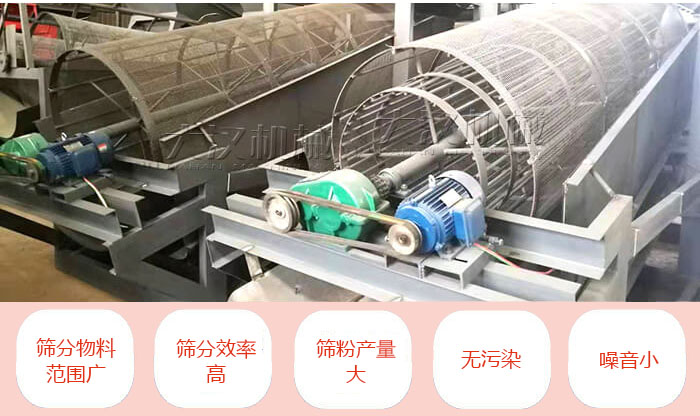 滾筒篩分機(jī)主要特點：篩分物料范圍廣，篩分效率高，篩分產(chǎn)量大，無污染，噪音小。