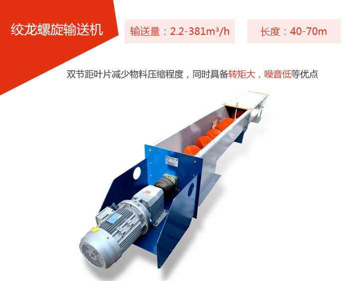 絞龍螺旋輸送機(jī)輸送量：2.2-381m3/h 長度：40-70m 雙節(jié)距葉片減少物料壓縮程度，同時具備轉(zhuǎn)矩大，噪音低等優(yōu)點。