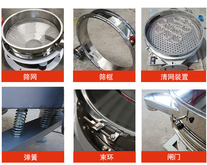 直排篩主要結(jié)構(gòu)：篩網(wǎng)，篩框，清網(wǎng)裝置，彈簧，束環(huán)，閘門等。
