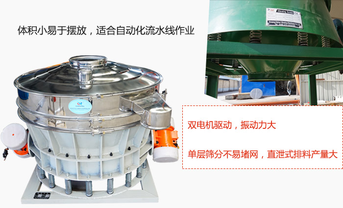 雙電機驅動，振動力大，單層篩分不易堵網，直泄式排料產量大