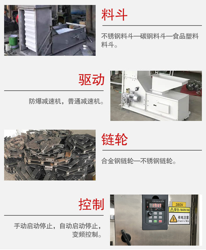 z型斗式提升機(jī)料斗：不銹鋼料斗-碳鋼料斗-食品塑料料斗。驅(qū)動(dòng)裝置采用的式防爆減速機(jī)，普通減速機(jī)兩種。鏈輪采用合金鏈輪-不銹鋼鏈輪控制器：手動(dòng)啟動(dòng)/停止，以及自動(dòng)啟動(dòng)停止。