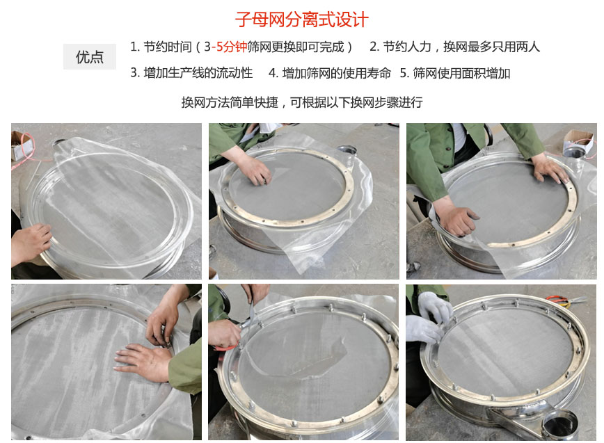 大漢振動(dòng)機(jī)械換網(wǎng)優(yōu)勢(shì)：1，節(jié)省時(shí)間（3-5分鐘篩網(wǎng)更換即可完成）2，節(jié)省人力，換網(wǎng)只有兩人。3.增加生產(chǎn)線的流暢性。4.增加篩網(wǎng)壽命，彈跳球不直接撞擊子網(wǎng)。5.篩網(wǎng)使用面積增加。