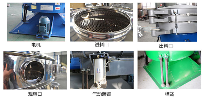 搖擺篩分機(jī)由進(jìn)料口，出料口，觀察口，電機(jī)，彈簧，氣動(dòng)裝置等部件組成