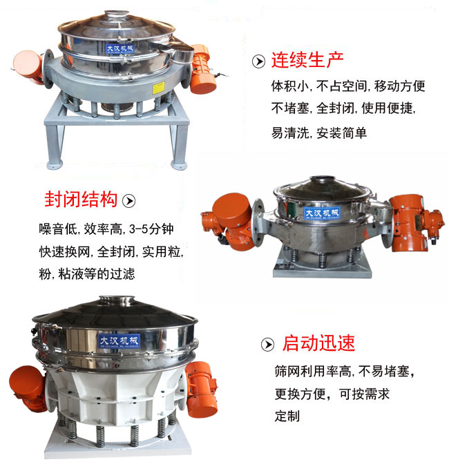 直徑1000mm直排篩特點(diǎn)：連續(xù)生產(chǎn)：體積小，不占空間，移動方便，不堵塞，全封閉，使用便捷，易清洗，安裝簡單。封閉結(jié)構(gòu)：噪音低，效率高，3-5分鐘，快速換網(wǎng)，全封閉，實(shí)用粒，粉粘液等的過濾。啟動迅速：篩網(wǎng)利用率高，不易堵塞，更換方便，可按需求定制。