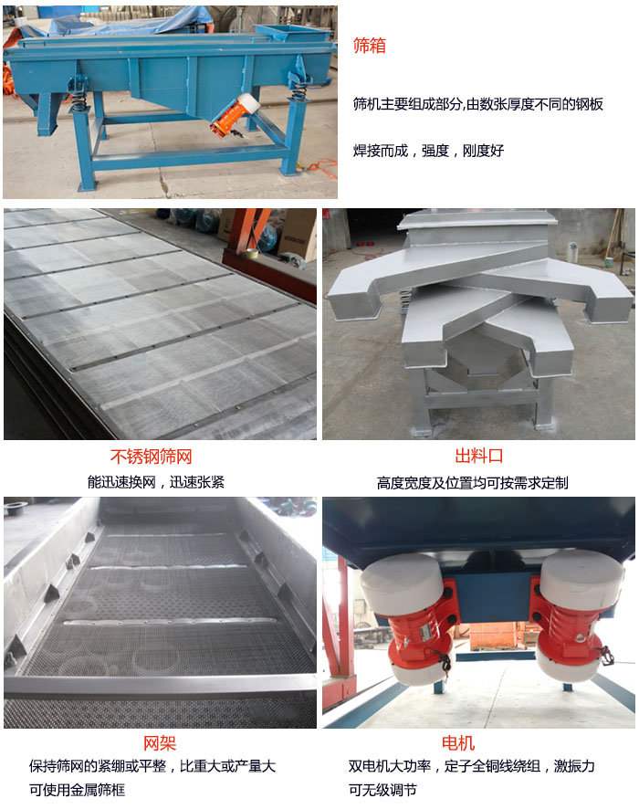 520型直線振動篩結構：篩箱：篩機主要組成部分，由數張厚度不同的鋼板焊制而成，強度，剛度好。不銹鋼篩網：能迅速換網，迅速張緊。電機：雙電機大功率，定子全銅線繞組，激振力可無極調節(jié)。網架：保持篩網的緊繃和平整，比重大或產量大時可使用金屬篩框。出料口：高度寬度及位置均可按照用戶的要求來定制。