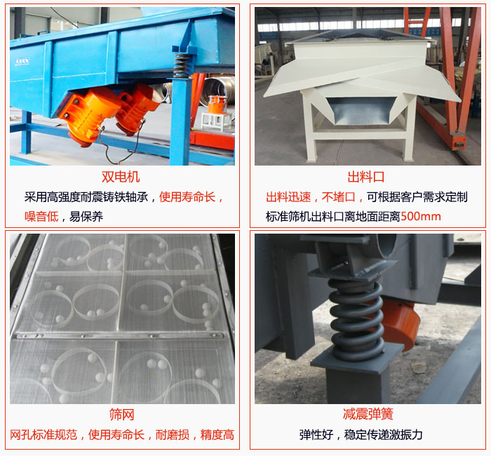 1030直線振動(dòng)篩雙電機(jī)采用高強(qiáng)度耐震鑄鐵軸承使用壽命長(zhǎng)、噪音低，易保養(yǎng)；出料口排料迅速，不堵口，可根據(jù)客戶需求定制，標(biāo)準(zhǔn)機(jī)器出料口離地面距離500mm;篩網(wǎng)網(wǎng)孔標(biāo)準(zhǔn)規(guī)范、使用壽命長(zhǎng)，耐磨損、精度高；減震彈簧：彈性好，穩(wěn)定傳遞激振力。