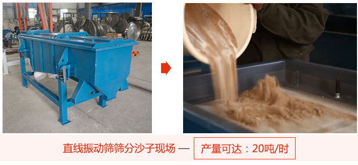 直線振動篩篩分沙子現(xiàn)場展示，產(chǎn)量高達20噸每小時。