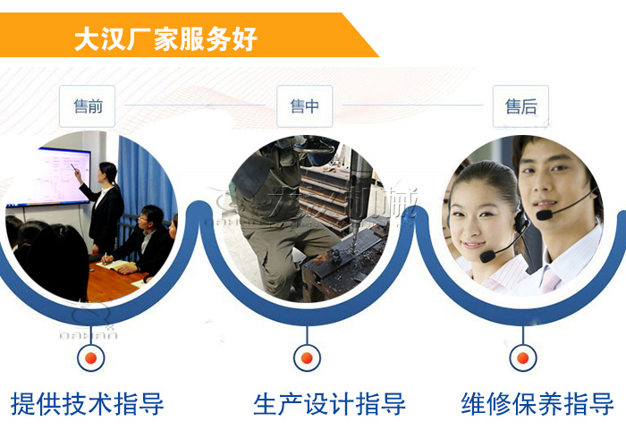 大漢廠家服務(wù)流程：售前-售中-售后：提供技術(shù)指導，生產(chǎn)設(shè)計指導，維修保養(yǎng)指導。