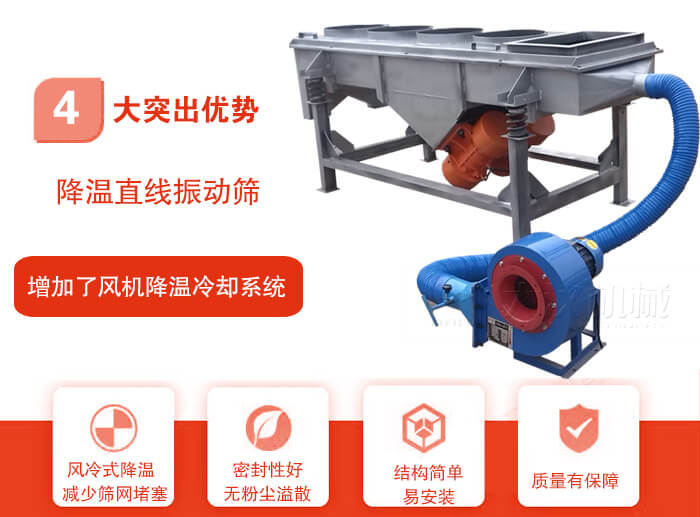 降溫直線振動(dòng)篩性能特點(diǎn)：1，技術(shù)成熟，質(zhì)量可靠，篩分精度高，處理量大。2，風(fēng)冷式降溫系統(tǒng)設(shè)計(jì)，快速有效降溫。3，適用范圍廣，可應(yīng)用于各種需要降溫的物料。4，設(shè)計(jì)精巧合理，結(jié)構(gòu)簡(jiǎn)單，易安裝，耗能少，噪音低5，篩網(wǎng)使用壽命長(zhǎng)，換網(wǎng)更方便，快捷6，設(shè)備整體密封性好，無(wú)粉塵溢散。