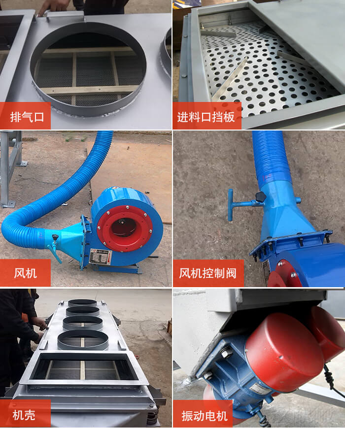  降溫直線振動(dòng)篩細(xì)節(jié)：風(fēng)機(jī)閘門，風(fēng)機(jī)電機(jī)配件，出風(fēng)口，進(jìn)料口，振動(dòng)電機(jī)。