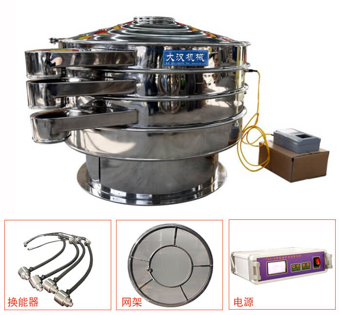  全不銹鋼超聲波振動篩內(nèi)部組成：換能器，網(wǎng)架，電源。