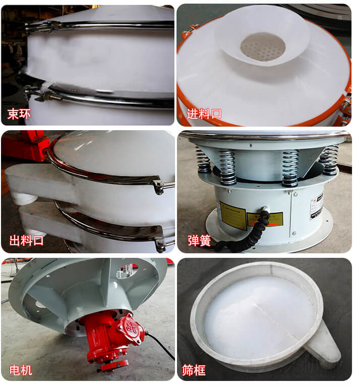 塑料防腐蝕振動(dòng)篩細(xì)節(jié):進(jìn)料口，框體，網(wǎng)架底框，出料口等。