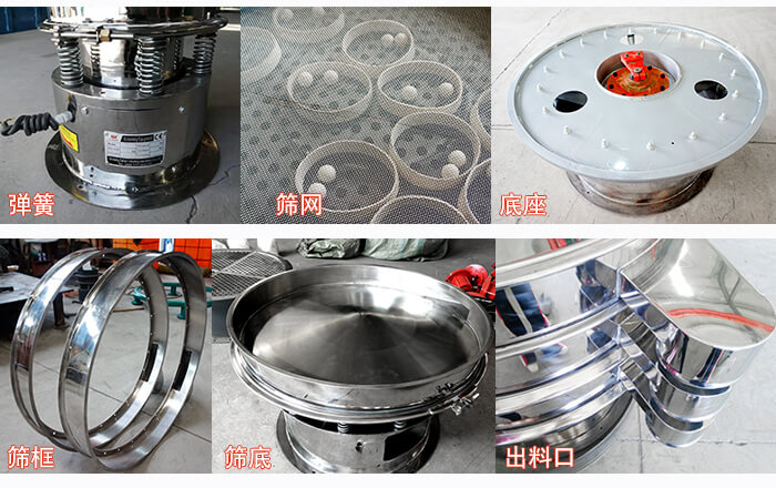 細(xì)節(jié)展示：篩框，篩網(wǎng)，振動(dòng)底座，振動(dòng)體，出料口。