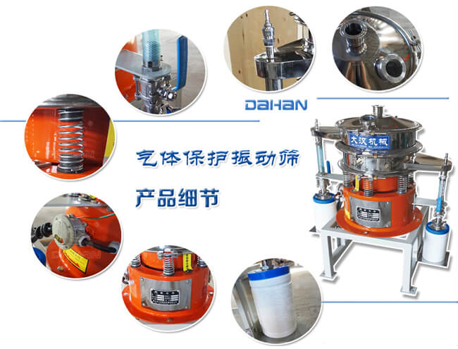 氣體保護振動篩細節(jié)：振動彈簧，手動閥門，料罐等。