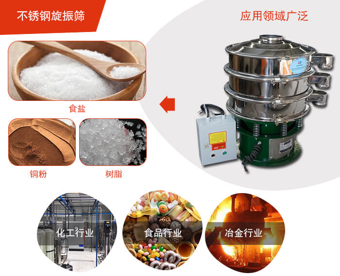 不銹鋼旋振篩應用的行業(yè):高濃度漿液過濾篩分，奶粉，豆奶粉專用振動篩機